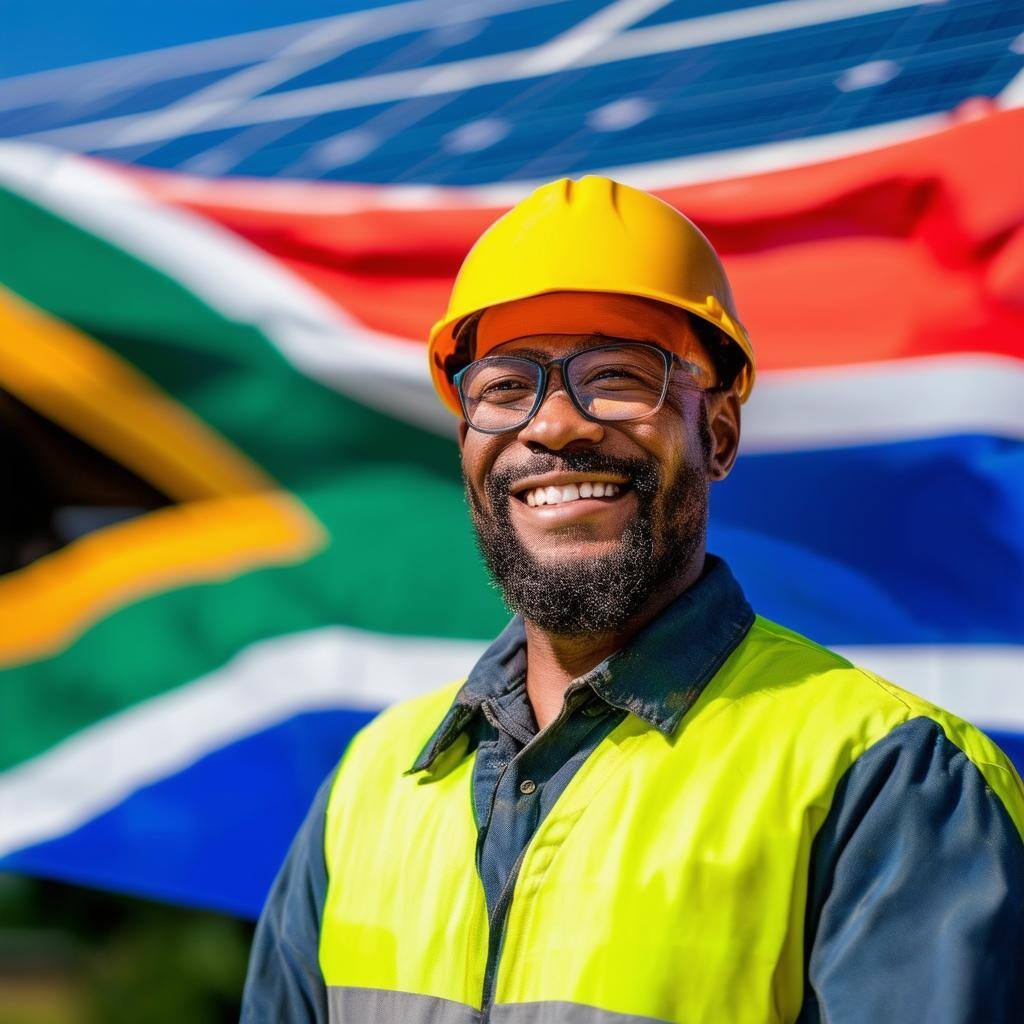 happy solar installer with South African flag in the background